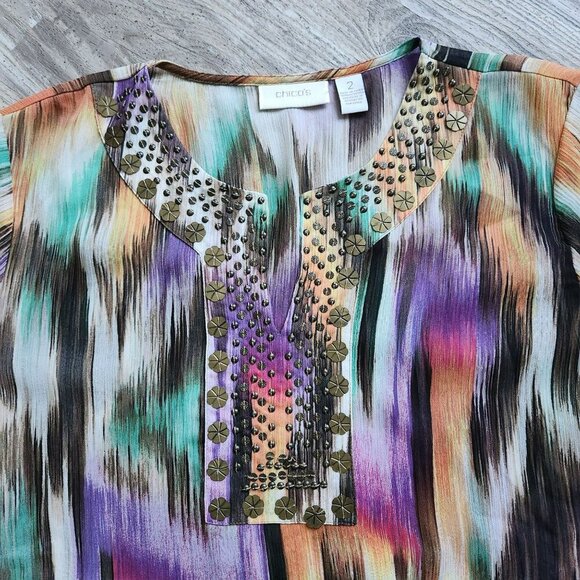 Chicos Womens Multicolor Ikat Boho Peasant Print Beaded Tunic Top Size 2 - Picture 3 of 11